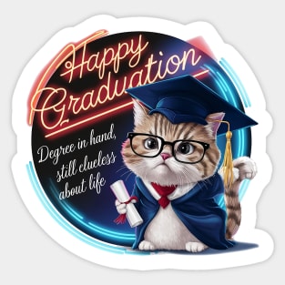 Happy Graduation Cat - Degree in hand but still clueless about life Sticker